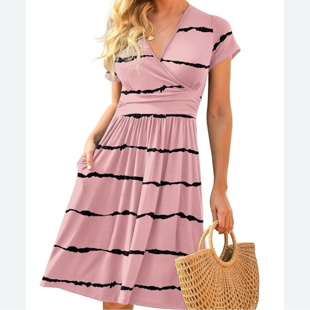 Pink Striped Like New Dress Rayon and Spandex V Neck Pull on size XL